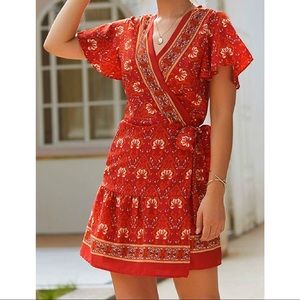 Boho Floral Beach Dress V Neck Ruffle Split Dress